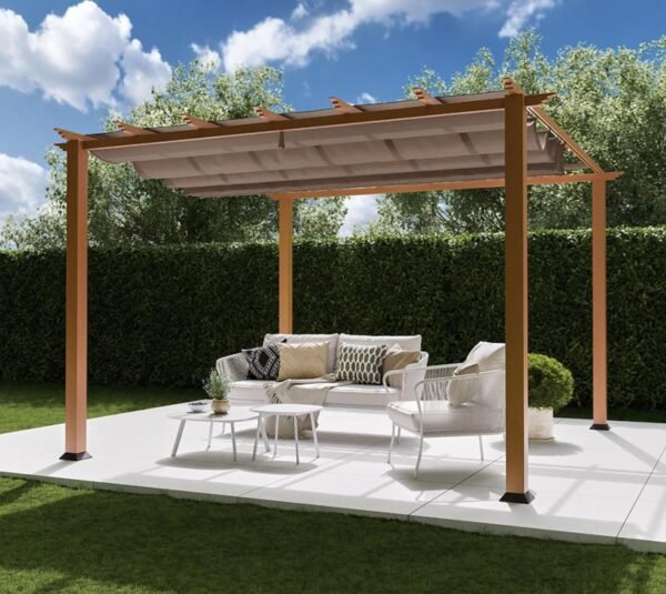 B-WARE Aluminium Pergola Florida 1111 | Holzoptik hellbraun | 350x350x235 cm